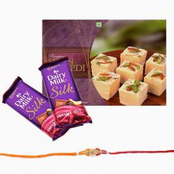 Rakhi with Cookies - Cadbury Silk Chocolate with Soan Papdi and Rakhi