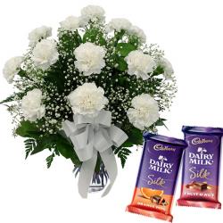 Best Wishes Gifts - Carnation in a Glass Vase and Silk Chocolate Combo