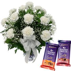 Best Wishes Gifts for Her - Carnation in a Glass Vase and Silk Chocolate Combo