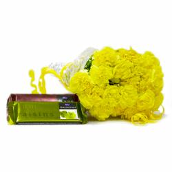 Best Wishes Flowers - Twenty Yellow Carnation Boquet with Cadbury Temptation Chocolate Bars