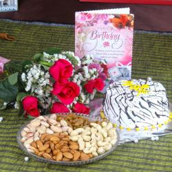 Mix Flower Hampers - Pink Roses and Vanilla Cake with Assorted Dryfruit Gift For Surprise Birthday