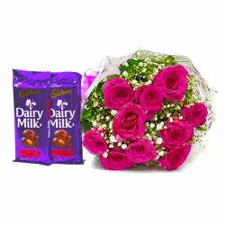 Chocolate with Flowers - Bunch of Ten Pink Roses with 2 Cadbury Dairy Milk Fruit N Nut Bars