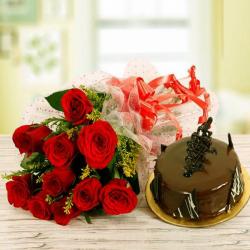 Birthday Gift Hampers - Red Roses Bouquet with Chocolate Cake