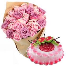 Romantic Gift Hampers for Her - Pink Roses With Strawberry Cake