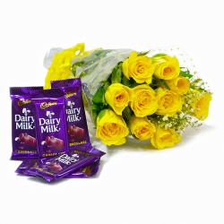 Flower Hampers for Her - Bunch of Ten Yellow Roses with Cadbury Dairy Milk Chocolate Bars