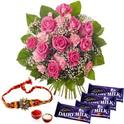 Rakhi With Flowers - Rakhi Gift of Pink Flowers with Cadbury Dairy Milk