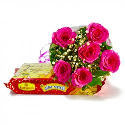 Send Six Pink Roses Bouquet with Soan Papdi Sweet To Jamnagar