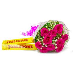 Chocolate with Flowers - Ten lovely Pink Roses with Toblerone Chocolate Bars