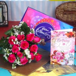 Flower Hampers - Birthday Celebration Chocolates with Pink Roses and Card