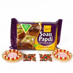 Diwali Sweets - Diwali Combo Hamper with Metal Diya and Soan Papdi