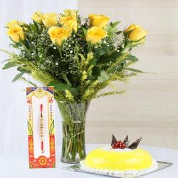 Rakhi With Cakes - Pineapple Cake with Yellow Roses and Rakhi