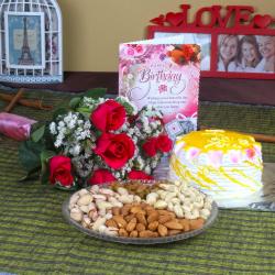 Mix Flower Hampers - Six Roses and Pineapple Cake with Dryfruit for Birthday