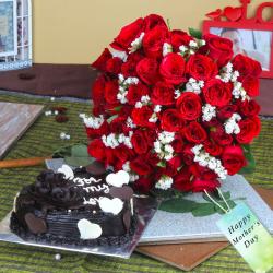 Mothers Day Gifts to Surat - Fifty Red Roses Bouquet with Heartshape Chocolate Cake