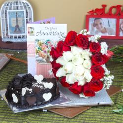 Send Anniversary Heart Shape Chocolate Cake with Greeting Card and Mix Roses Bouquet To Kolkata