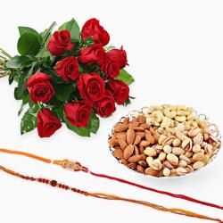 Send Rakhi Gift Set of Two Rakhi with 12 Red Roses and Mix Dryfruits To Ahmedabad
