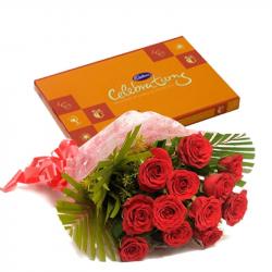 Valentine Flowers with Chocolates - Valentine Celebration Chocolates with Love Token of Twelve Red Roses