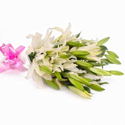Missing You Flowers - Fifteen White Exotic Lilies Hand Bunch