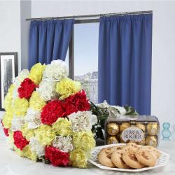 Anniversary Gifts for Him - Assorted Cookies with Mix Carnation Bouquet and Ferrero Rocher Chocolate