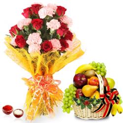 Bhai Dooj Gift Ideas - Bhai Dooj Hamper Roses and Carnation Bouquet with Fruits Basket