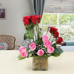 Ganesh Chaturthi - Pink and Red Roses in Glass Vase