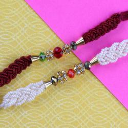 Set Of 2 Rakhis - Moti Har Rakhi with Zardoshi Diamond Ball Rakhi Thread