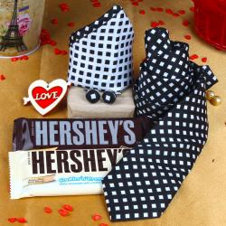 Send Black White Tie Combination Gift with Hersheys Chocolate and Love Key Chain To Sonipat