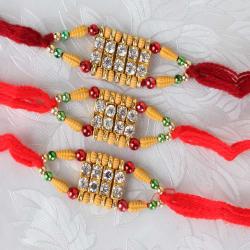 Set Of 3 Rakhis - Three Diamond Work with Wooden Color Beads Rakhi