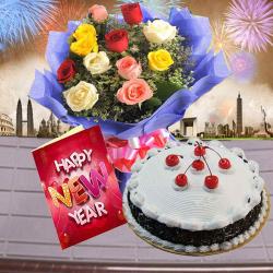 Send New Year Gift Black Forest Cake with Mix Roses Bouquet and New Year Greeting Card To Karaikudi