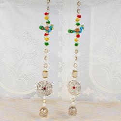 Home Decor Gifts Online - Golden Pearl String Parrot Design Long Diwali Door Hanging