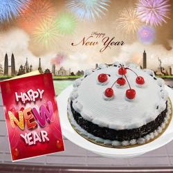 Send New Year Gift Eggless Black Forest Cake and New Year Greeting Card To Cochin