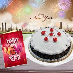 Send New Year Gift Eggless Black Forest Cake and New Year Greeting Card To Rajkot
