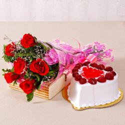 Anniversary Heart Shaped Arrangement - Six Special Red Roses Bunch with Heart Shape Strawberry Cake
