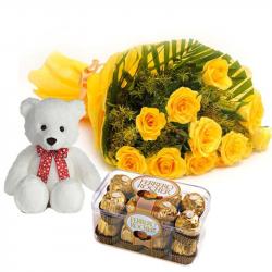 Ferrero Rocher Chocolate with Teddy and Yellow Roses Bouquet For My Love