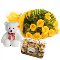 Valentine Flowers with Chocolates - Ferrero Rocher Chocolate with Teddy and Yellow Roses Bouquet For My Love