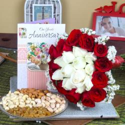 Send Anniversary Mix Roses Bouquet with Assorted Dry Fruit and Greeting Card To Karnal