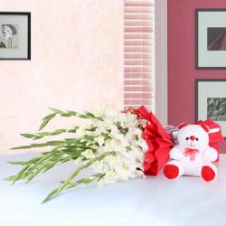 Flowers with Soft Toy - Glads with Teddy Bear Soft Toy