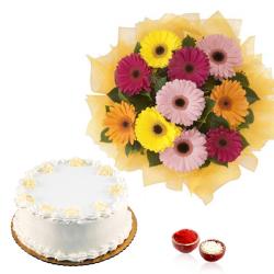 Bhai Dooj Gift Ideas - Mix Gerberas with Vanilla Cake for Bhai Dooj