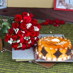 Anniversary Gift Hampers - One Kg Butterscotch Cake with Red Roses Bouquet