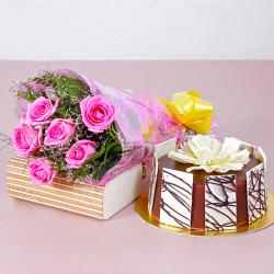 Flowers and Cake for Him - Six Pink Roses Hand Tied Bouquet with Half Kg Round Chocolate Cake
