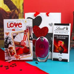 Send Pure Police Perfum with Lindt Strawberry Chocolate and Love Greeting Card for Her To Palluruthy