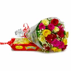 Mix Flower Hampers - Colorful Bouquet of 20 Roses with Indian Soan Papdi