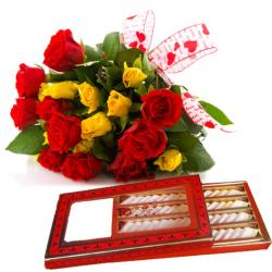 Valentine Flowers with Sweets - Valentine Royal Treat With Kaju Sweets And Roses