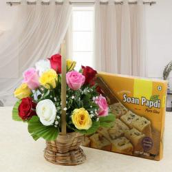 Anniversary Gifts for Daughter - Combo of Soan Papdi Sweet with Colorful Roses Basket Arrangement