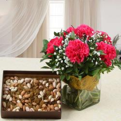 Womens Day Express Gifts Delivery - Vase of Pink Carnations and Assorted Dry Fruits