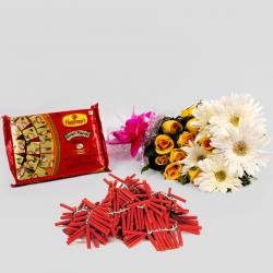 Diwali Crackers and Flowers with Box of Soan papdi