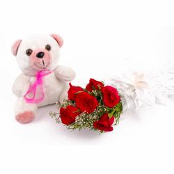 Six Red Roses and Teddy Bear Combo