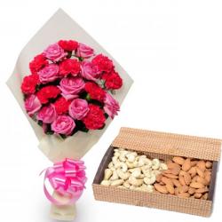 Karwa Chauth Gifts for Wife - Pink Flowers and Dryfruit
