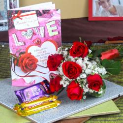 Valentine Flowers with Chocolates - 6 Red Roses Bouquet with Assorted Chocolate and Love Card