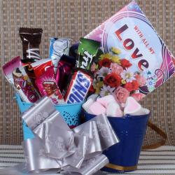 Send Valentines Day Gift Love Bucket of Imported Chocolates and Marshmallow Candies To Hyderabad
