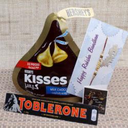 Rakhi Combos For Brothers - Hershey’s Kisses and Toblerone Chocolate with Tiny Pearl Rakhi